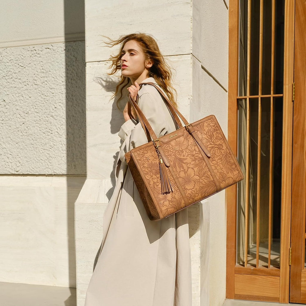 Country Leather Vintage Leather Laptop Tote Bag for Women – 15.6" Professional Work & Office Bag with Clutch