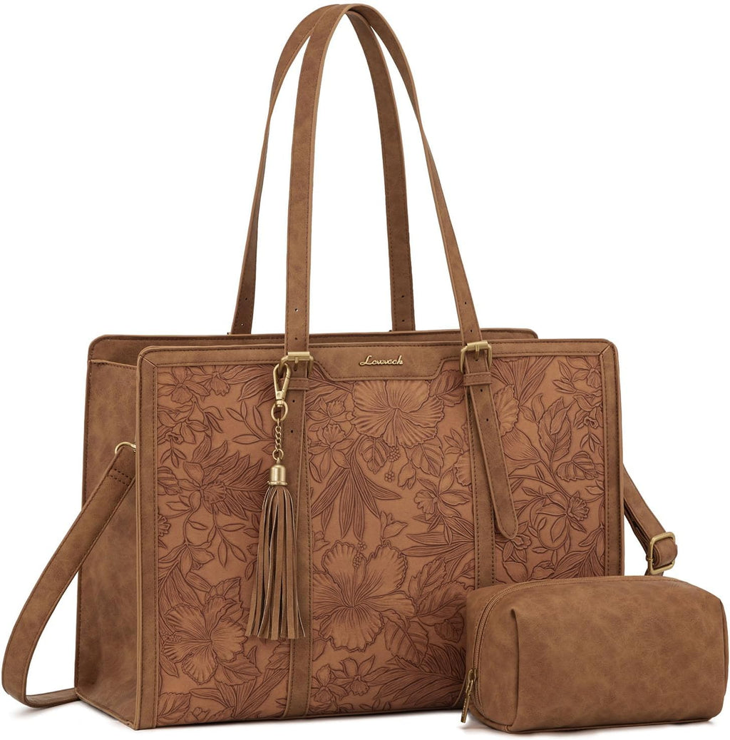Country Leather Vintage Leather Laptop Tote Bag for Women – 15.6" Professional Work & Office Bag with Clutch